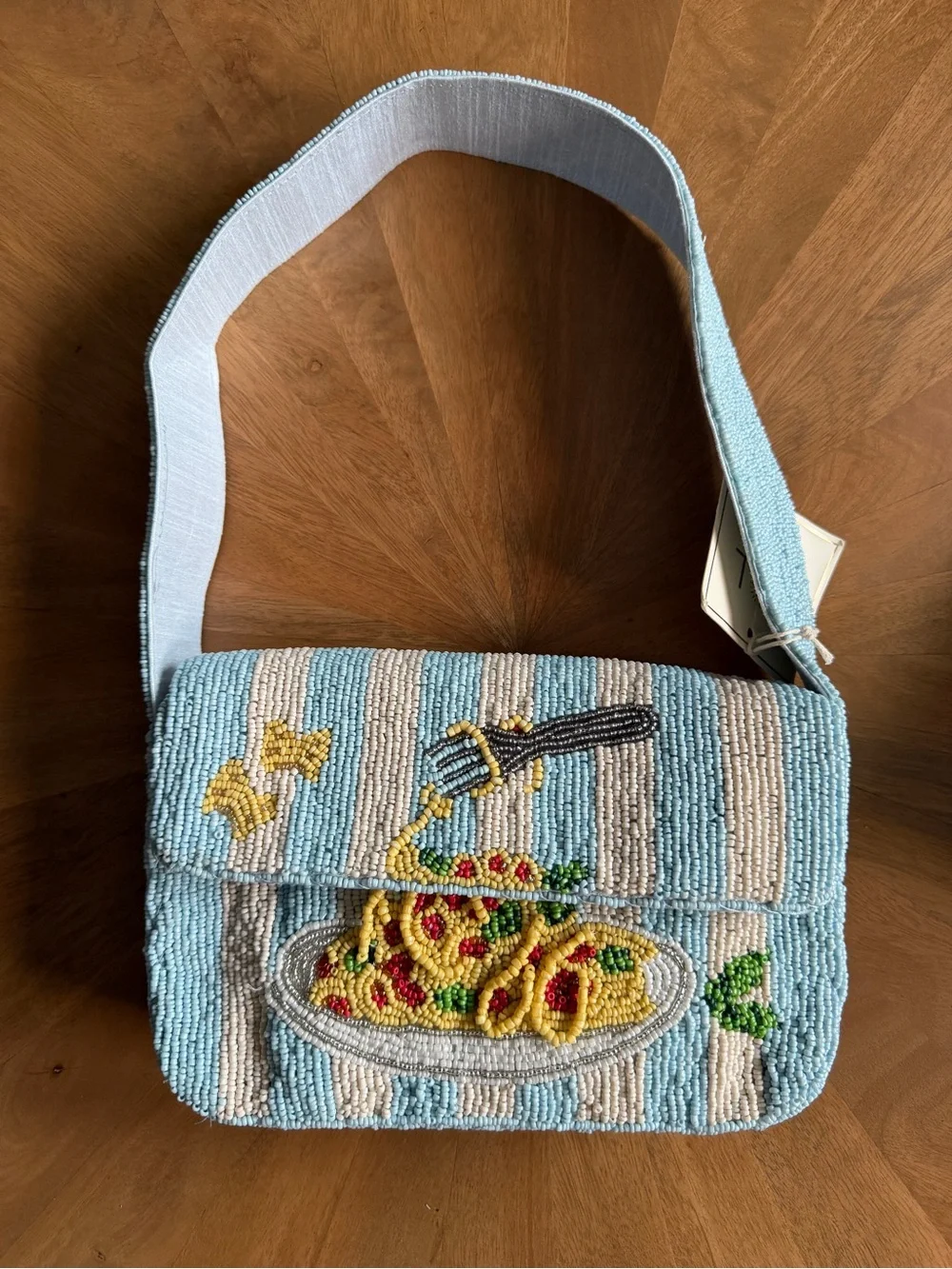 NWT Blue beaded purse with embroidered pasta and fork design #beaded #pasta